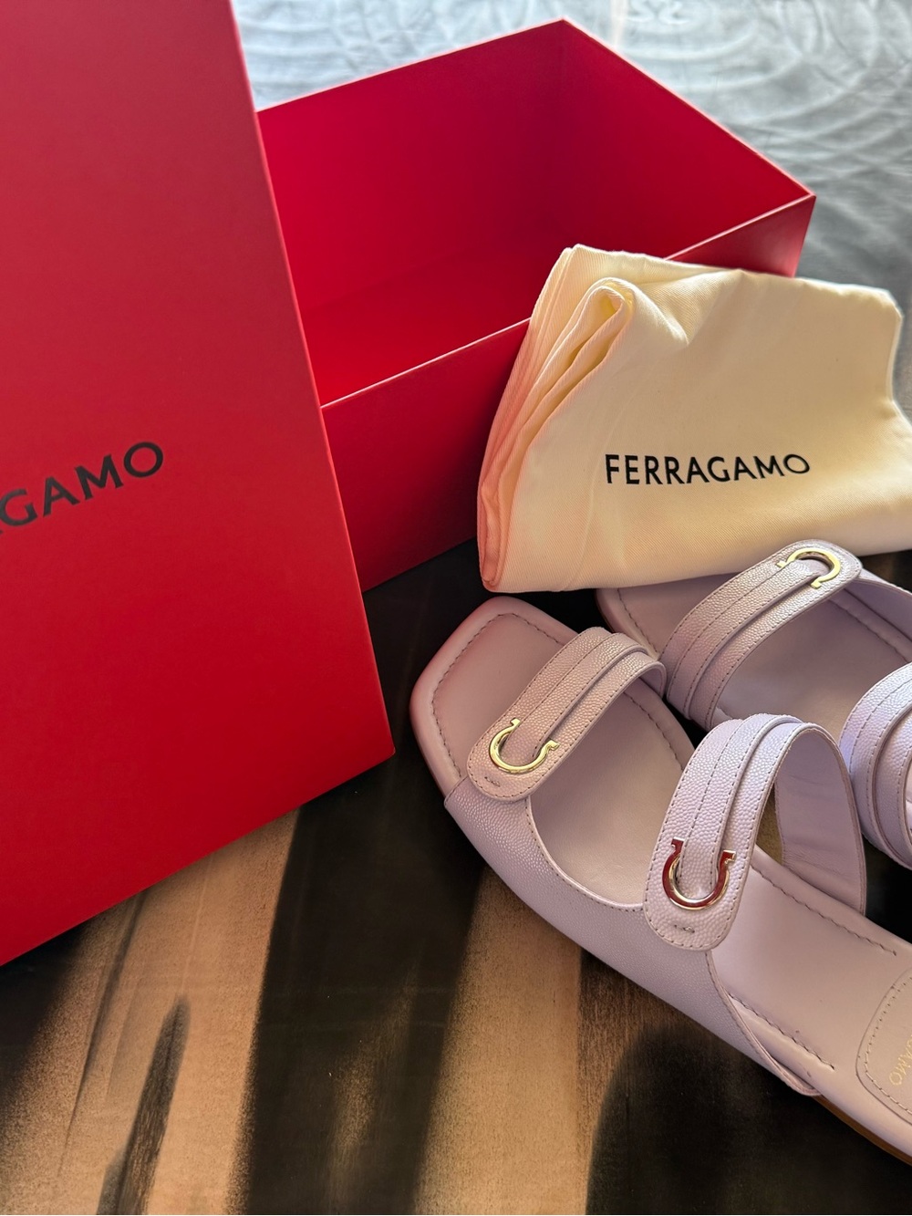 Salvatore Ferragamo “Kate” Lavender Box & dust bag Included
